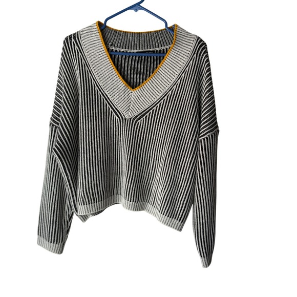 SHEIN Sweaters - V Neck Striped Knit Sweater Women Size M Black White Cute Preppy Academia